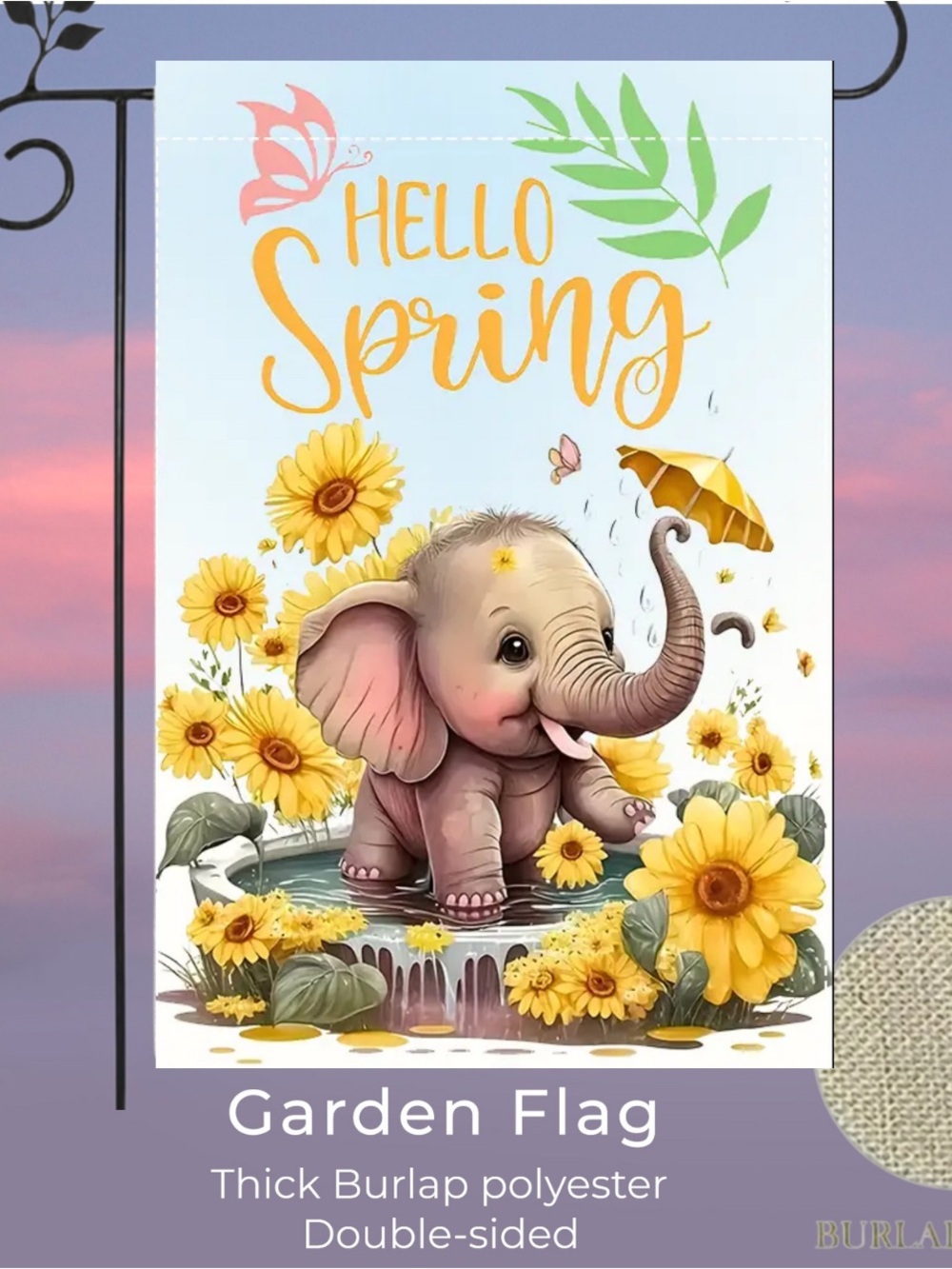 Hello Spring Elephant Garden Flag, approx 12”x18”, burlap